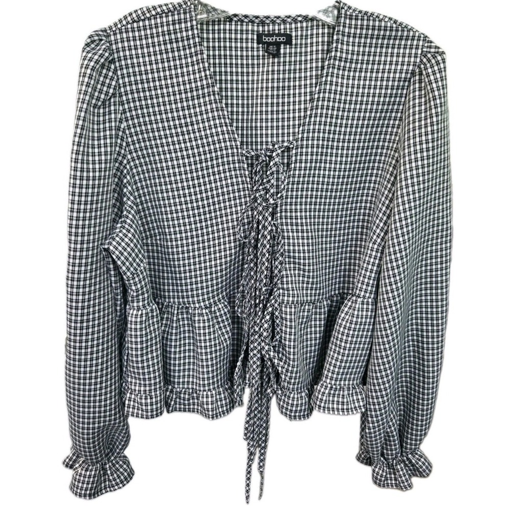 Boohoo Womens Gingham Lace Up Peplum Top Black White Plaid Ruffle Blouse Size 12